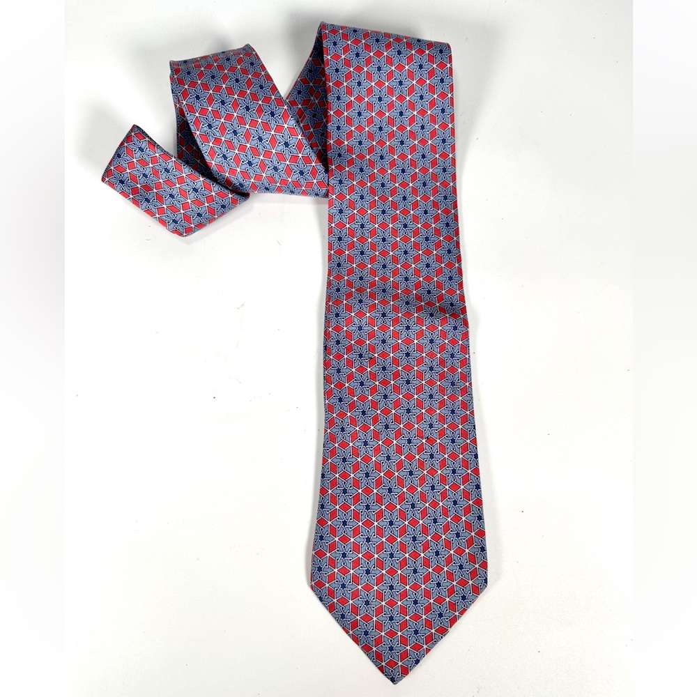 Hermès Paris Men’s Silk Tie Geometric Star Pattern in Red/Blue